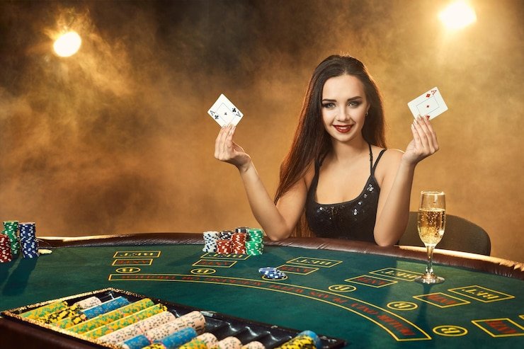 Meja kartu Caribbean Stud Poker dengan dealer profesional licin 4d